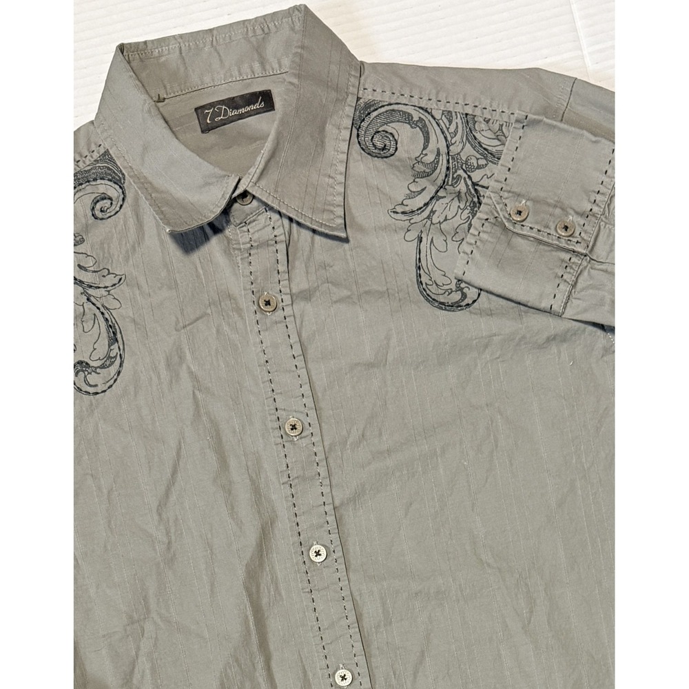 7 DIAMONDS‎ -  Men's 2000's Long Sleeve Button Scroll Embroidered Shirt - Large
